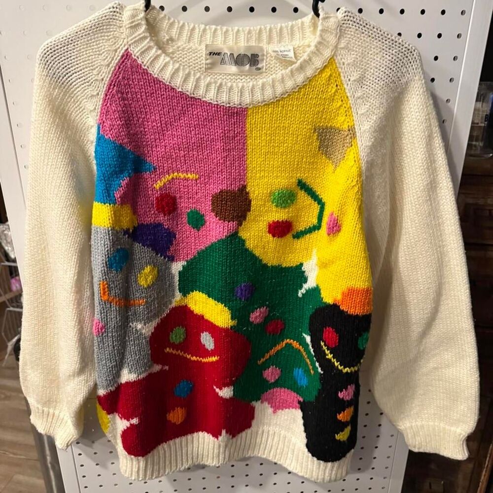 Vintage The Mob Abstract Face Sweater Colorful 80s 90s Art Knit M